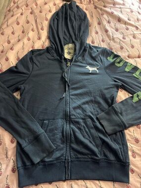 PINK Victoria's Secret Navy Zip-Up Hoodie with Green Sleeve Lettering
